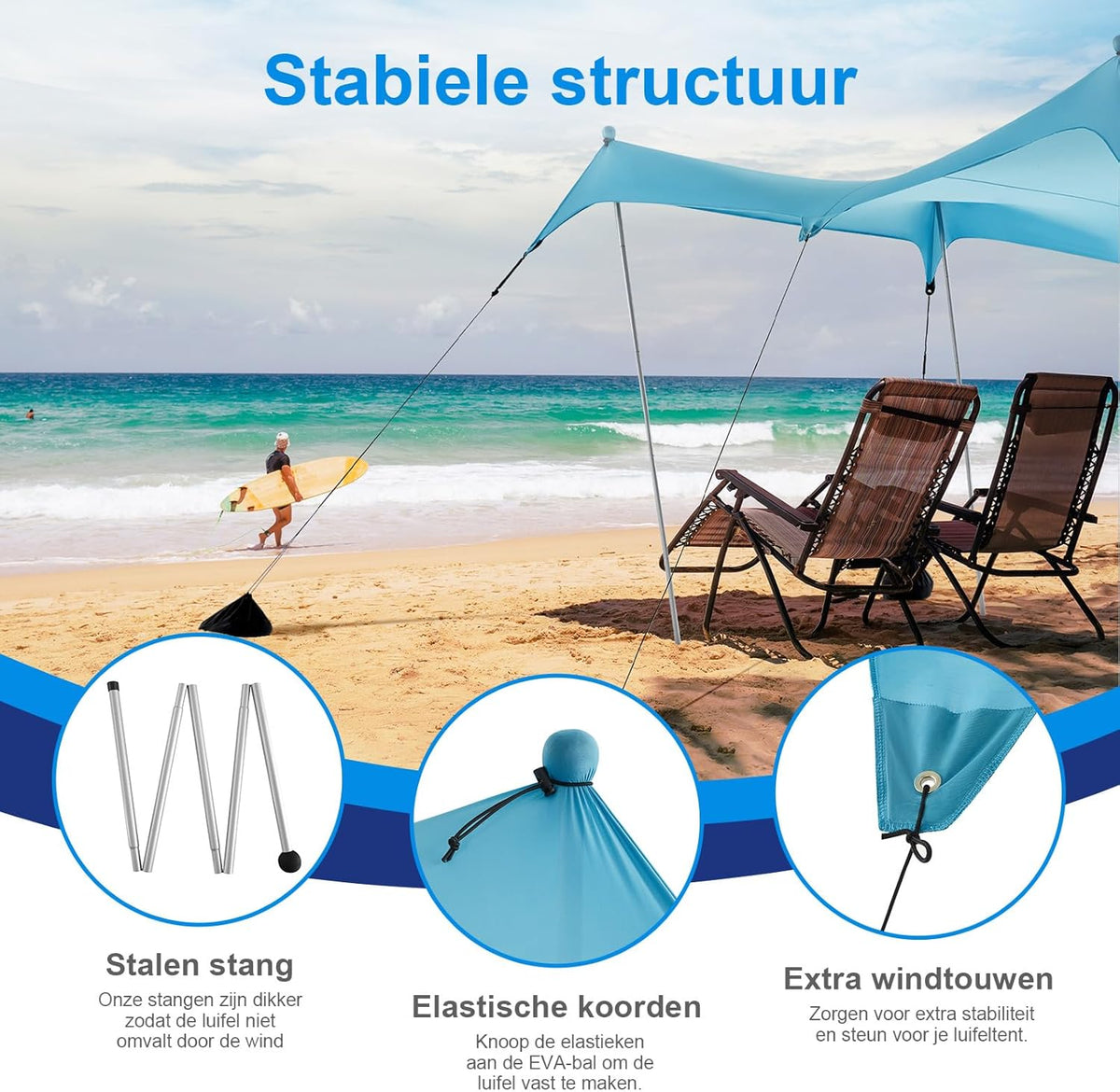 WolfWise UPF50+ Strandtent Zonnescherm, 2,3 x 2,3 m Familie Strand Parasol Geschikt voor 2-6 Personen, Gemakkelijk Op te zetten Winddicht Waterdicht Strand Afdak, Blauw, Large