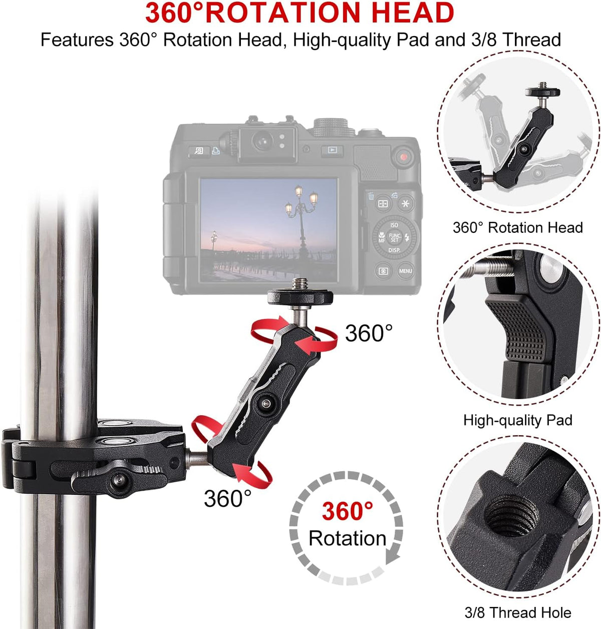 Super klem met Mini Ball Head Stand met 1/4 "schroef en 360 ° Double Ball Head Magic Arm voor Sony Canon Nikon DSLR Camera, Ronin, Microfoon, Videollamp, Roef, Dwarsbar (CP-12)