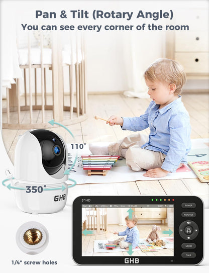 GHB Babyfoon met 2 camera's 5 inch 720P HD-display met tot 168 uur batterijduur in VOX-slaapmodus, tweerichtingscommunicatie, nachtzicht en temperatuurweergave
