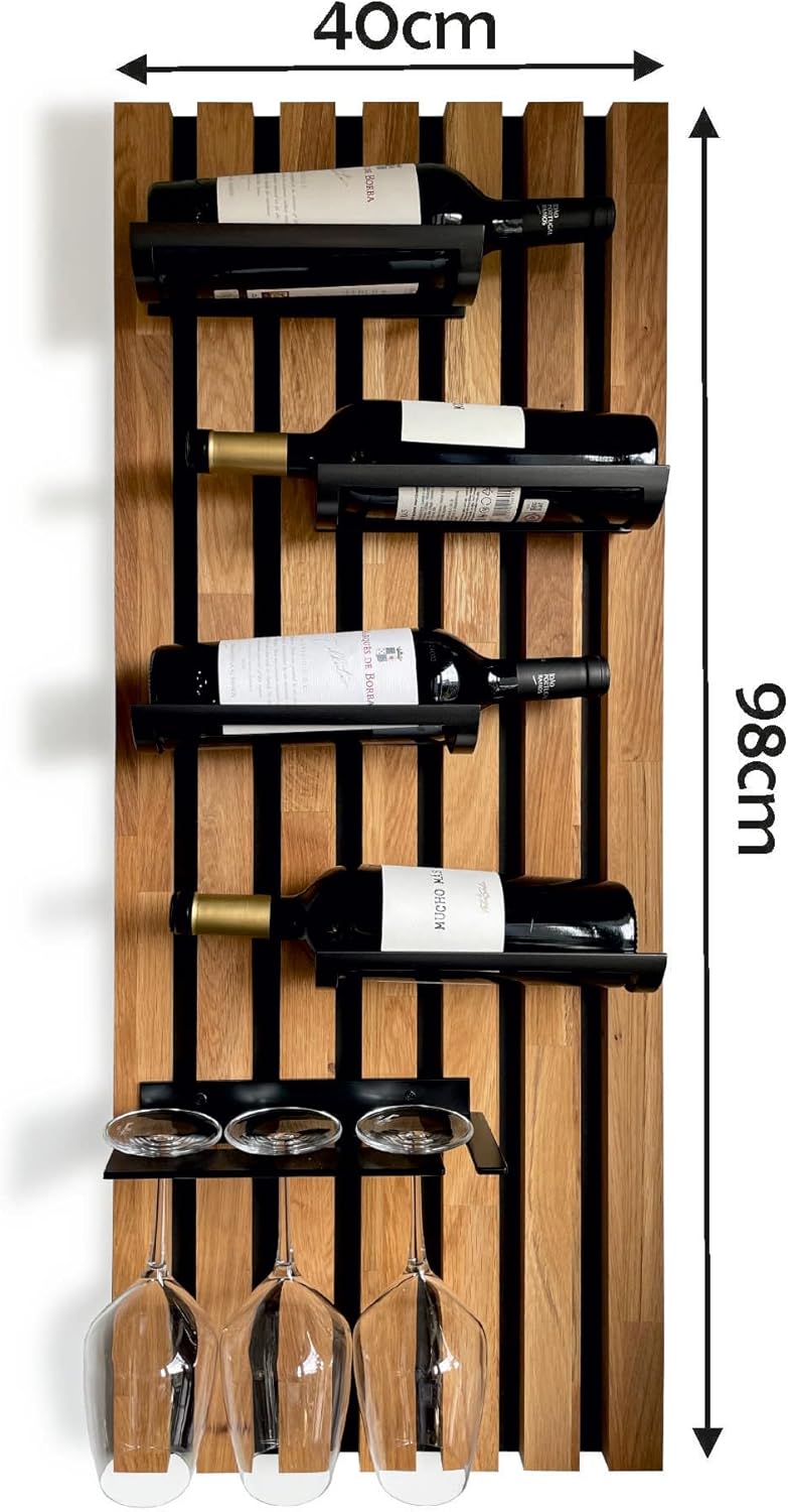 FLEXISTYLE Wine Racks Wood Bottle Holder Black Wall Wall Mounted Kitchen Metal Wood 40cm Wide Large (98x40 4 Bottles & Glasses) - QUORE