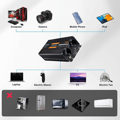 Omvormer 12V Naar 230V 2000W – Spanningsomvormer – Stroomomvormer – DC-AC Omvormer – Inverter – LCD-Display – 2 Stopcontacten En USB-Poorten