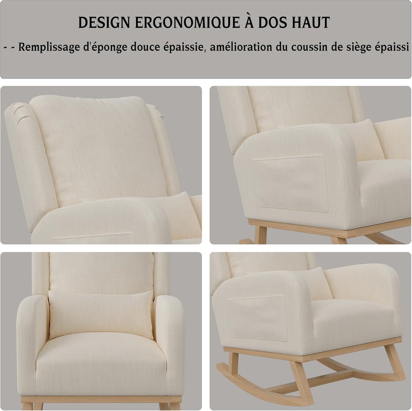 Rocking Chair, Scandinavian Rocking Chair, Breastfeeding Armchair, Scandinavian Leisure and Rest Chair Made of Fabric with Wooden Metal Legs for Living Room, Bedroom, Beige