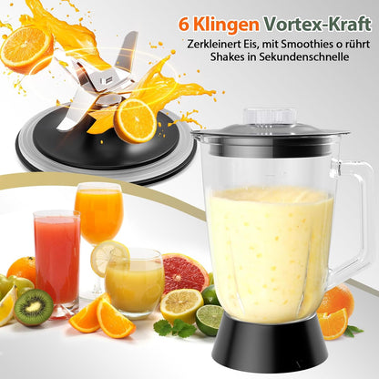 Keukenmachine en mixer combinatie, 2,5 l hakmolen voor vlees, groenten en deeg, 2 l blender met 1500 W glazen reservoir, 2 snelheden en pulsfunctie voor smoothies, voedingsstoffenextractie enz.