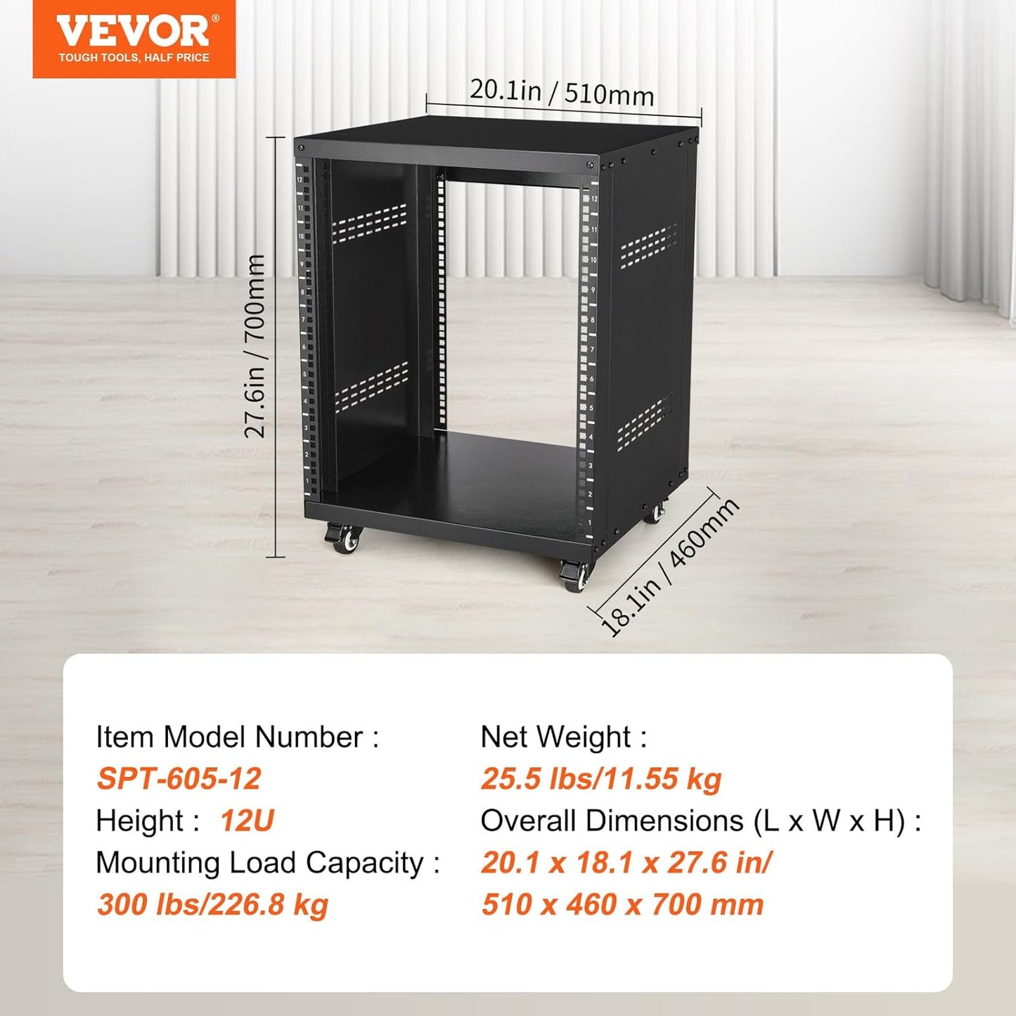 VEVOR 12U AV-rackstandaard, 500 lb-capaciteit, netwerkstereo-opname studiorek met afsluitbare zwenkwielen ronde en vierkante gaten, speciale ventilatieopeningen voor 19 inch audio video muzikale en