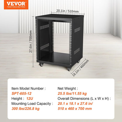 VEVOR 12U AV-rackstandaard, 500 lb-capaciteit, netwerkstereo-opname studiorek met afsluitbare zwenkwielen ronde en vierkante gaten, speciale ventilatieopeningen voor 19 inch audio video muzikale en