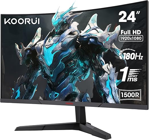 KOORUI 24 inch curved gaming monitor, FHD 1080p, 1ms response time, 165Hz refresh rate, HDMI 2.0/DP 1.2, 250cd/m² brightness Black 24E6CA - QUORE