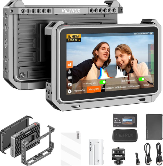 VILTROX DC-X2 DCX2 Rig Cage Kit camera fieldmonitor touchscreen met 2000Nit 6 inch 4K HDMI cameramonitor met accu Full HD 1920x1080 IPS 3D LUT met zonnekap voor Sony Canon Nikon DSLR