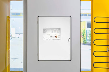 Bi-Office Showbox Vitrine "Enclore", whiteboard, mantisch-interieur, geschikt voor 4 x DIN A4, zilveren aluminium frame, afsluitbaar, 500 x 674 mm