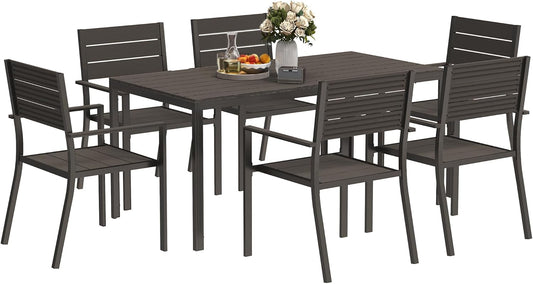 7-delige Tuinset – Tuinmeubelset – Tuinmeubelen – Balkonset – Eetgroep – Stapelbare Stoelen – Weerbestendig Stalen Frame – Onderhoudsvriendelijk HDPE Tafelblad