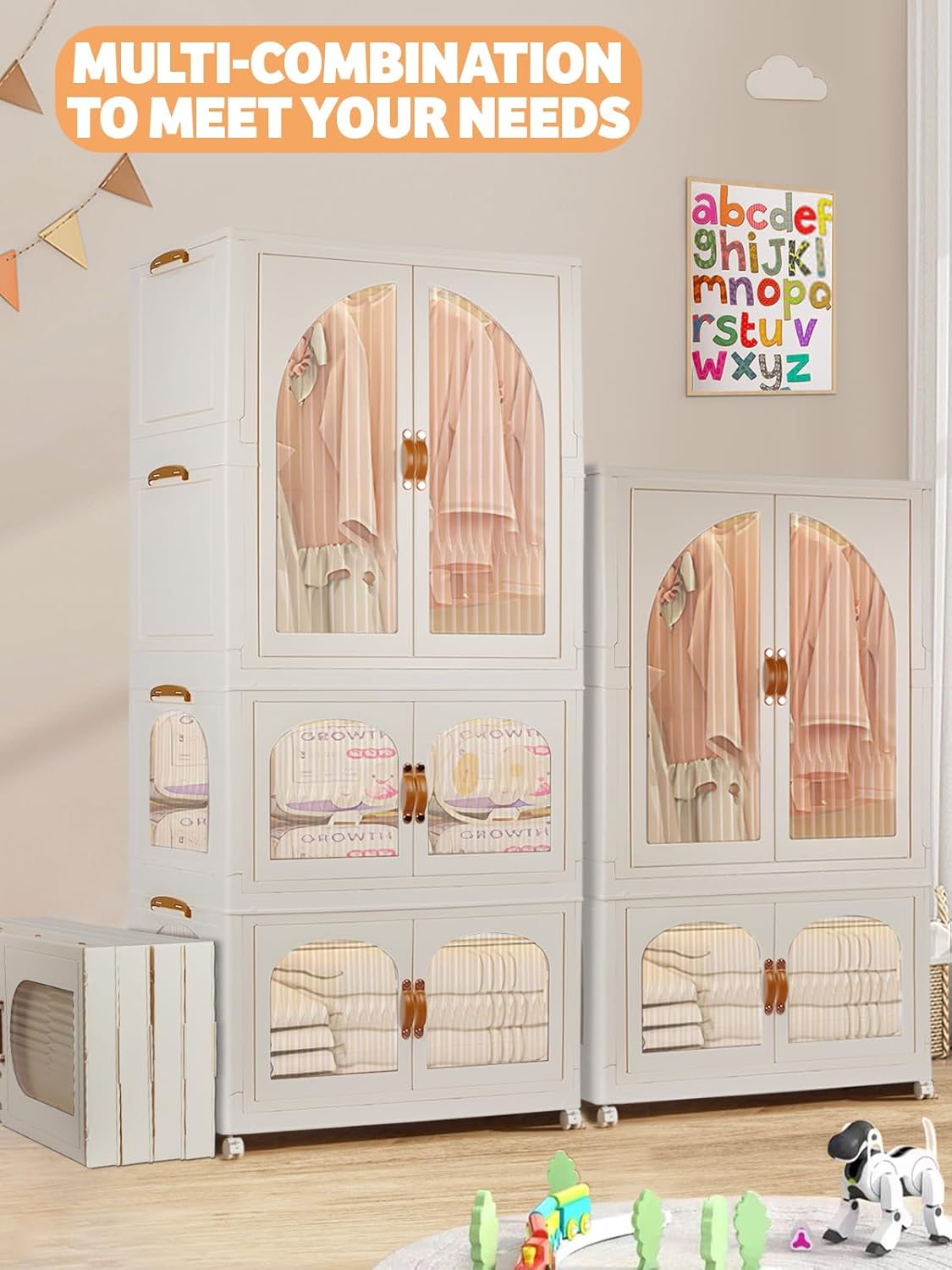 Kalolary 3 Verdiepingen Garderobe, Draagbare Garderobekast voor Hangkasten Portable Storage Wardrobe met 10 Hangers Kinderkast Opvouwbare Kledingkast voor Het Ophangen Van Kleding Opslagruimte