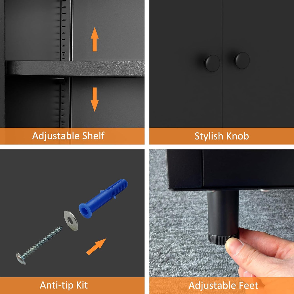 Metalen opbergkast met 2 deuren en verstelbare plank, stalen accent dressoir buffetkast voor thuis, kantoor, garage, entree, woonkamer, keukenkast en eetkamer (zwart) - QUORE