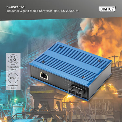 DIGITUS industriële Gigabit mediaconverter - 1x RJ45, 1x SC-Duplex 1310nm -Singlemode glasvezel - 20 km bereik - 10/100/1000 Mbps - DIN rail montage - zwart/blauw