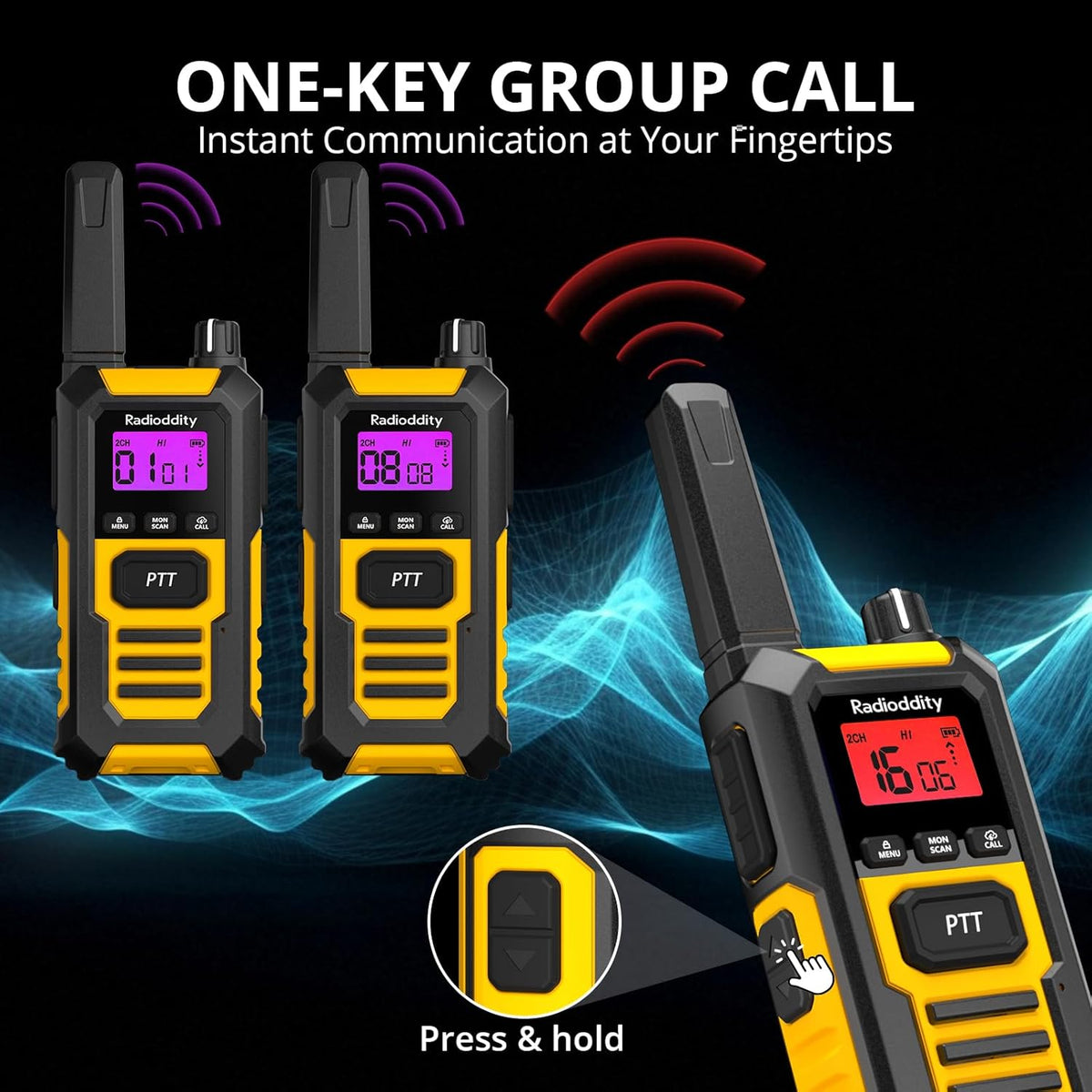 Radioddity HD-1 Walkie Talkie IP67 waterdicht, vergunningsvrij, robuuste PMR stof- en schokbestendig groepsgesprek met één knop SOS-alarm dubbele PTT USB-C-oplaadstation en basisstation, 4 stuks, geel