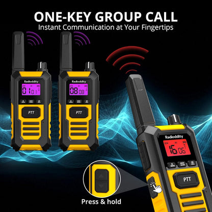 Radioddity HD-1 Walkie Talkie IP67 waterdicht, vergunningsvrij, robuuste PMR stof- en schokbestendig groepsgesprek met één knop SOS-alarm dubbele PTT USB-C-oplaadstation en basisstation, 4 stuks, geel