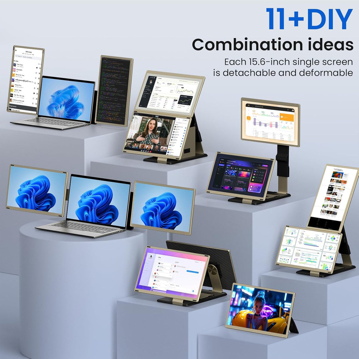Triple Laptop Screen Extender - 15.6 inch Monitor IPS FHD 1080P Detachable Portable Display for 13"-17.4" Laptops Compatible with Windows Mac Chrome Surface Metal Base Travel Work Setup - QUORE