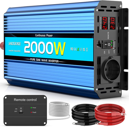 2000 W omvormer, 24 V naar 230 V, zuivere sinus, spanningsomvormer power inverter DC-omvormer met afstandsbediening, AC-stopcontacten, USB-poorten en beeldscherm, led voor camper