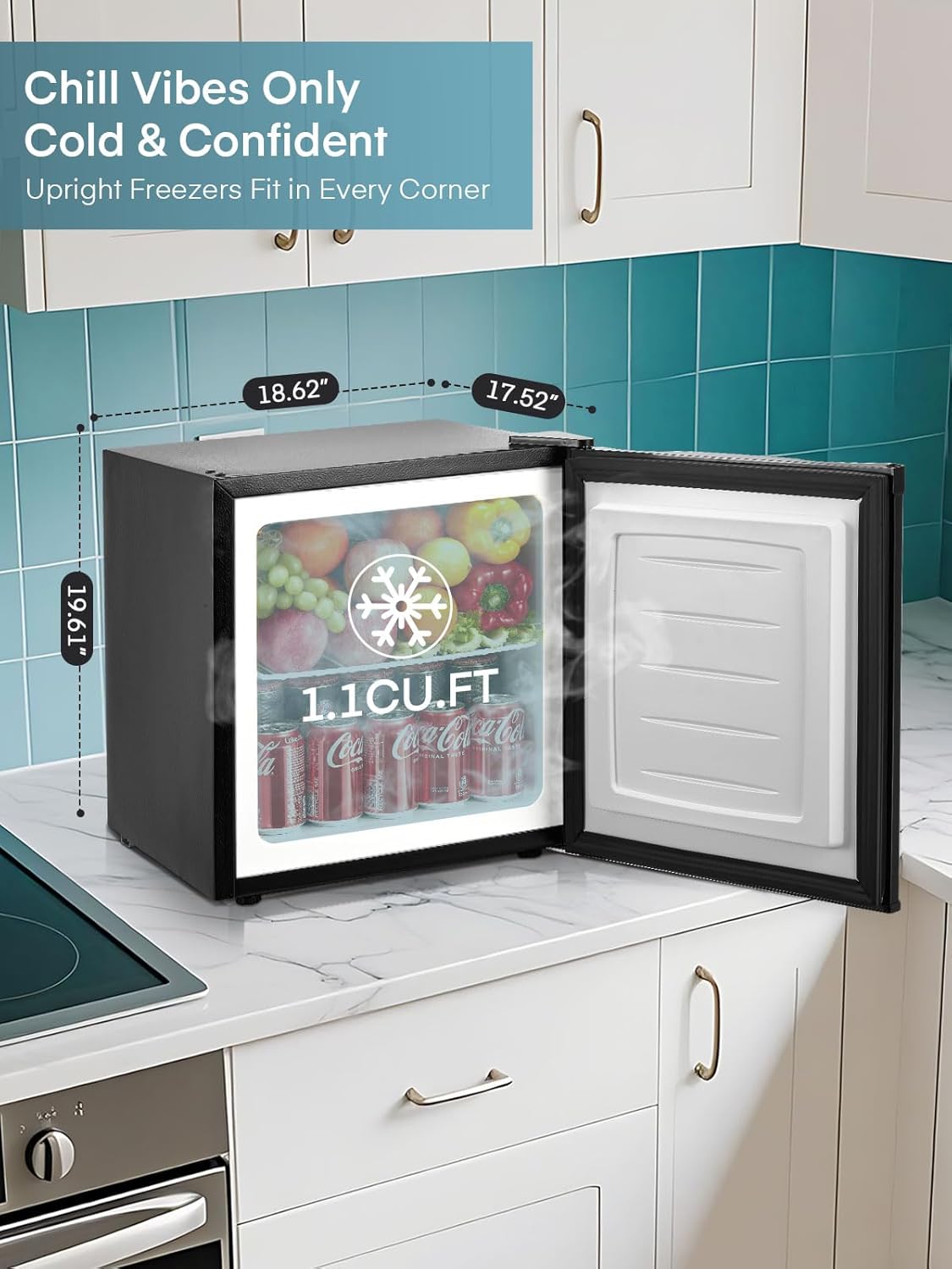 FOHERE Compact Upright Freezer, 1.1 Cu.Ft Worktop, Mini Freezer with Reversible Door and 7 Adjustable Temperatures, Removable Wire Rack for Home/Dorms/Home/Office - QUORE