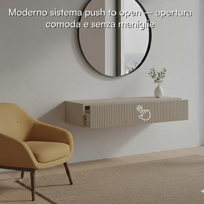 Selsey Zwevende Consoletafel 90 cm grijs taupe met lade en lamellenfront, moderne wandconsole met push-to-open, smalle sidetable hal slaapkamer woonkamer, console table met opbergruimte