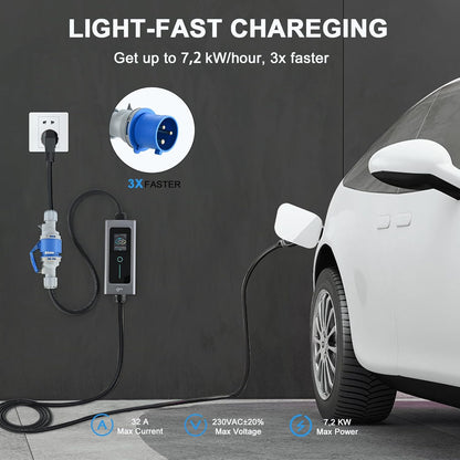 Elektrische autolader 7,2 kW 5 m, 32 A eenfasig EV-lader type 2 voor alle elektrische en hybride voertuigen, IEC 62196-2, met CEE-stekker en Schuko-adapter, geschakelde stroom 6 A-32 A