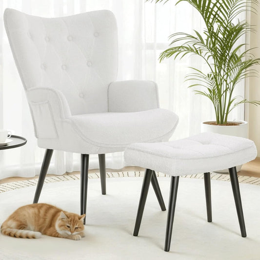 Fauteuil – Relaxstoel – Loungefauteuil – Leunstoel – Wit Teddy Stof – Ergonomisch Vleugelontwerp – Belastbaar Tot 168 kg
