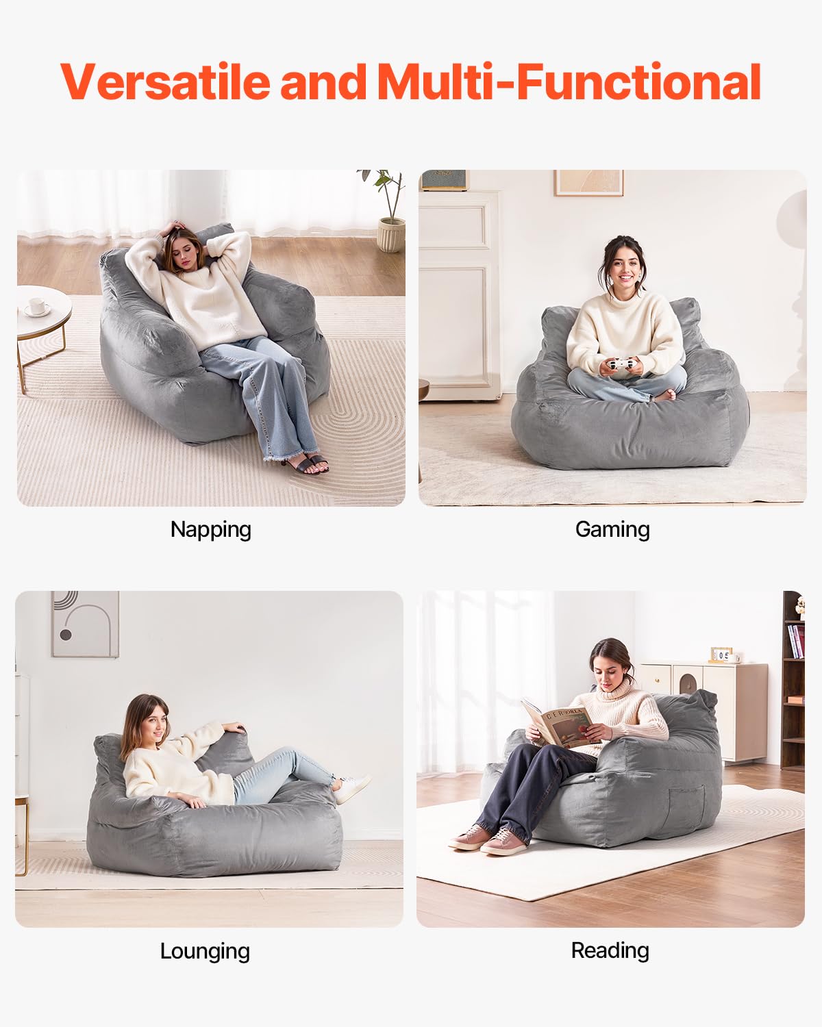 VEVOR Zitzak sofasstoel (1118 x 1143 x 780 mm) met armleuningen voor volwassenen, pluizige pluche en schuimvulling met hoge dichtheid, zitzak met taper, lazy-bank voor slaapkamer, grijs
