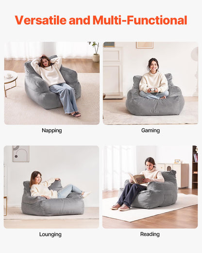 VEVOR Zitzak sofasstoel (1118 x 1143 x 780 mm) met armleuningen voor volwassenen, pluizige pluche en schuimvulling met hoge dichtheid, zitzak met taper, lazy-bank voor slaapkamer, grijs