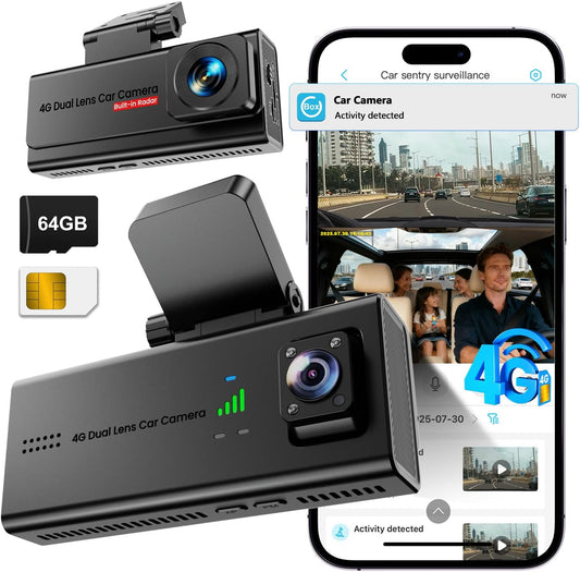 Dashcam – Auto Camera – Voor- En Achtercamera – 4G Dashcam – Parkeercamera – 4G LTE Zonder Wifi Met Simkaart – Parkeerbewaking Met Bewegings- En Botsingsdetectie