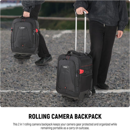 Camera-Rugzak – Cameratas – Fototas – Rollende Rugzak – Trolley – 2-In-1 Met Afneembaar Gevoerd Vak – Waterafstotend Nylon Met Regenhoes