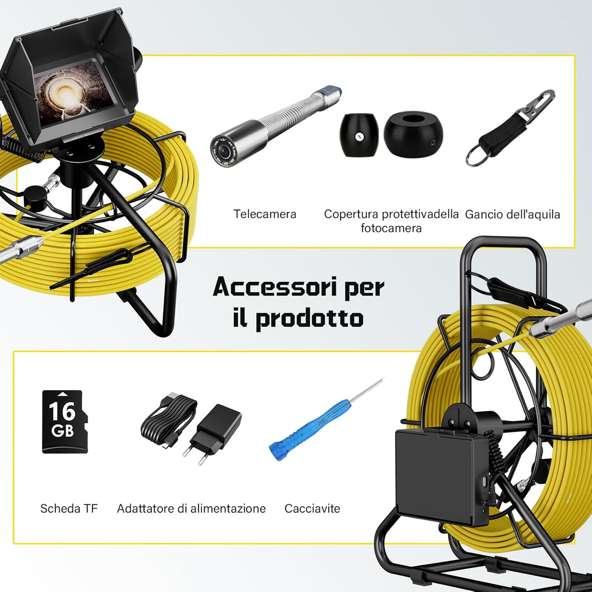 Endoscopische camera voor leiding, 20 m, 5 inch inspectiecamera met DVR, industriële endoscoop, IP68, met 12 ledlampen, 17 mm diameter van de camera