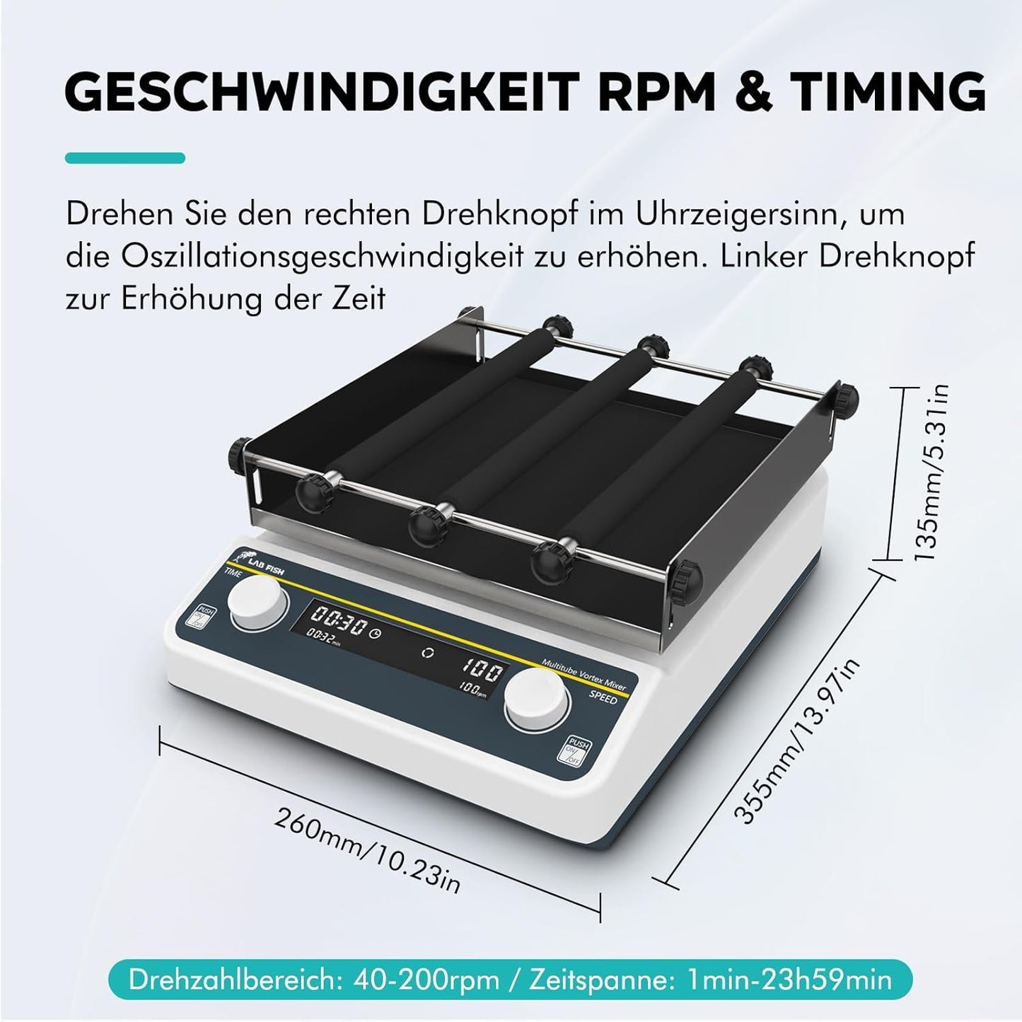 LABFISH Digitale orbitale schudapparaat, instelbare snelheid 40-200 tpm, werkblad 2 kg capaciteit, 2 kg, met timer en continue modus voor laboratorium