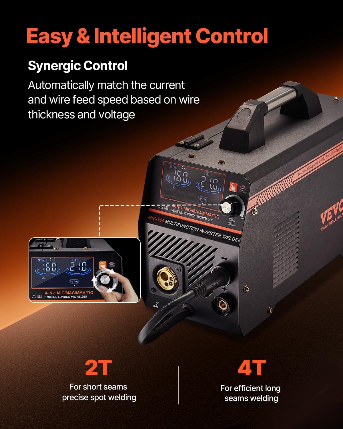 VEVOR MIG Soldering Station, 160 A, Syergetic Welding Machine, Portable Multi-Process, MIG, Gas Free, MMA Lift TIG, 4-in-1, Powerful Welder with IGBT Inverter Technology, LCD Display