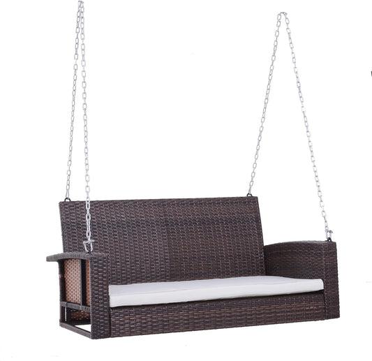 Hangstoel - Schommelbank - Hangbank - 2-zits - Rotan Tuinschommel - Hangende Schommel - Veranda Tuinbank - met Zitkussen - voor Buiten - Tuin - 127 x 57.5 x 60 cm - Bruin