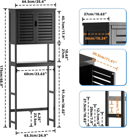 SMIBUY Badkamer boven het toilet opbergkast, 2-deurs bamboe kast organizer, vrijstaand ruimtebesparend toiletrek met verstelbare binnenplank en open plank (zwart)