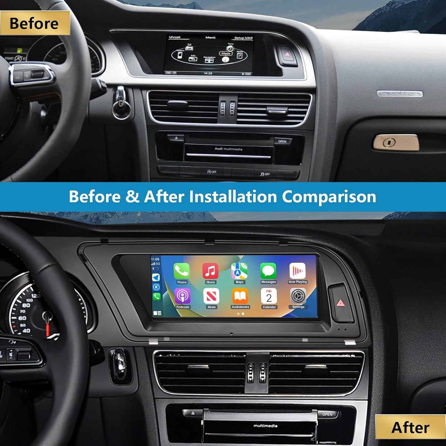 Ninetom Autoradio 8,9 Inch Touchscreen met Wireless Carplay en Android Auto voor 2009-2016 Audi A4 S4 met 3G MMI+ Systeem, Ondersteunt Mirrorlink, Camera, Navigatie