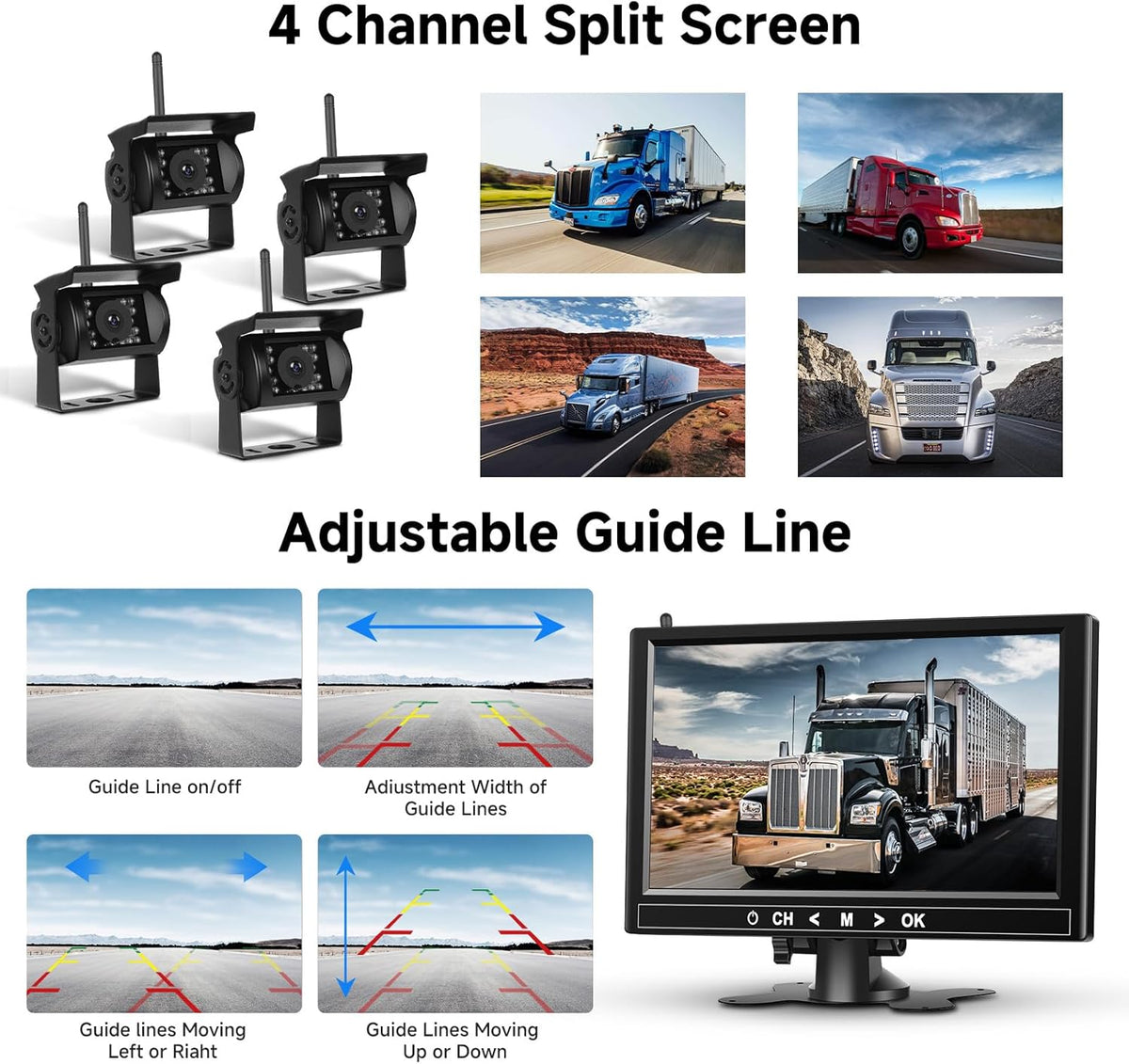 Podofo 9" quad-monitor set met 4 camera's, 1080p, IP68, nachtzicht, dodehoekdetectie, geschikt voor campers/trailers/vrachtwagens.