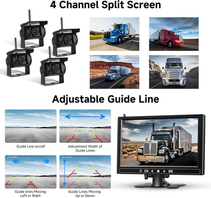 Podofo 9" quad-monitor set met 4 camera's, 1080p, IP68, nachtzicht, dodehoekdetectie, geschikt voor campers/trailers/vrachtwagens.