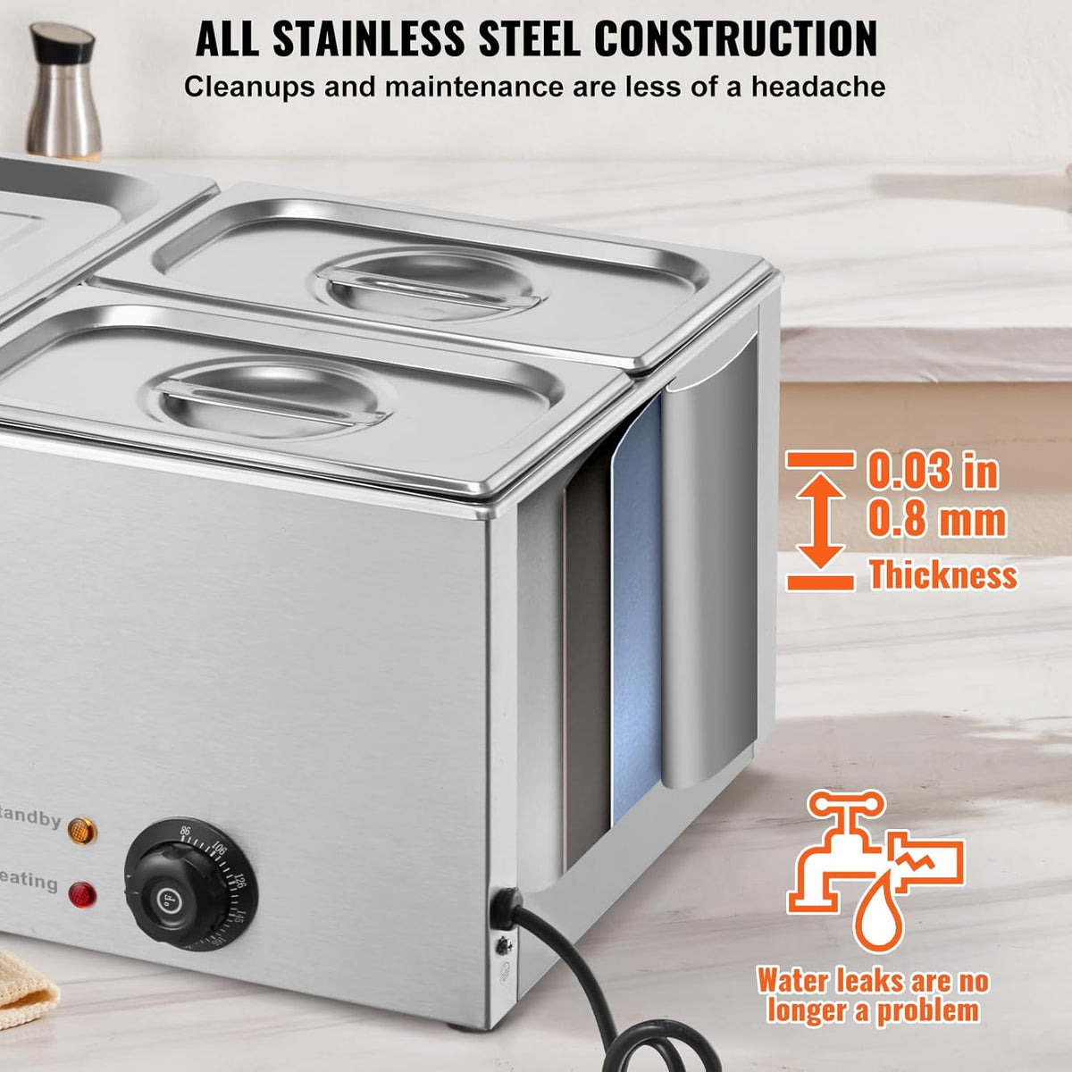 VEVOR Dressoir met 3 bakken, elektrische badkuip, 16 l, 1200 W, verwarmd dressoir van roestvrij staal, instelbare temperatuur 30-85 °C, voor het verwarmen van levensmiddelen, catering, avond, feest