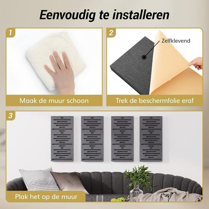 TONOR Houtfineer Akoestische Panelen Zelfklevend, 4 Stuks 60x30x4,7cm Akoestische Panelen Wandpanelen Houtlook, Akoestische Panelen voor Akoestische Behandeling en Wanddecoratie, Kantoor, Zwart