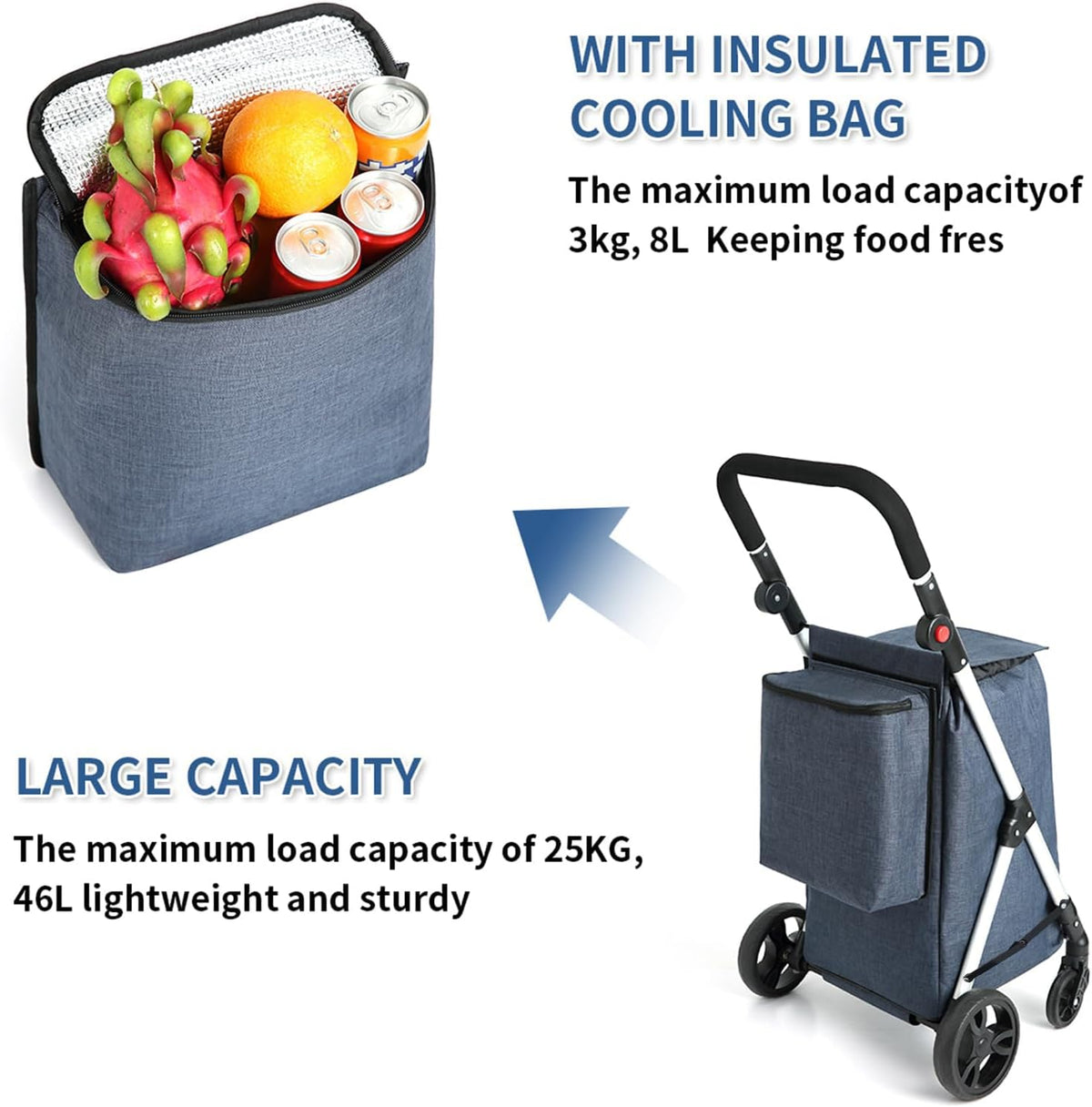 Boodschappentrolley, 4 wielen aluminium winkelwagentje, 46L opvouwbare boodschappentrolley met geïsoleerde koeltas (blauw)