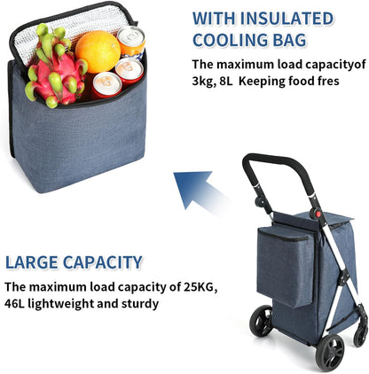 Boodschappentrolley, 4 wielen aluminium winkelwagentje, 46L opvouwbare boodschappentrolley met geïsoleerde koeltas (blauw)