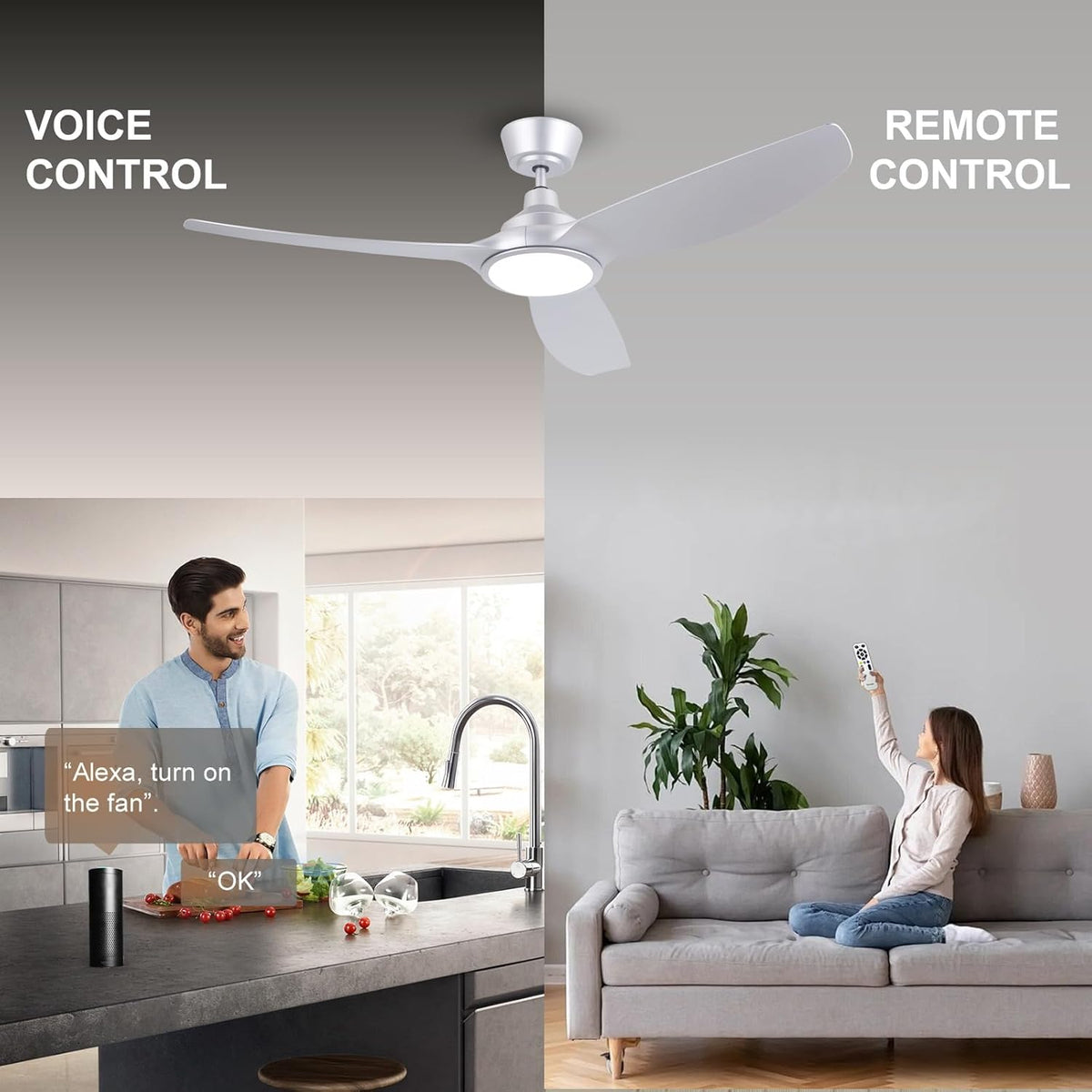 Ovlaim Plafondventilator, 132 cm, met kunststof bladen en ledverlichting, incl. afstandsbediening, DC-energiebesparende motor, ultralicht, voor zomer en winter, zilver [energieklasse D].
