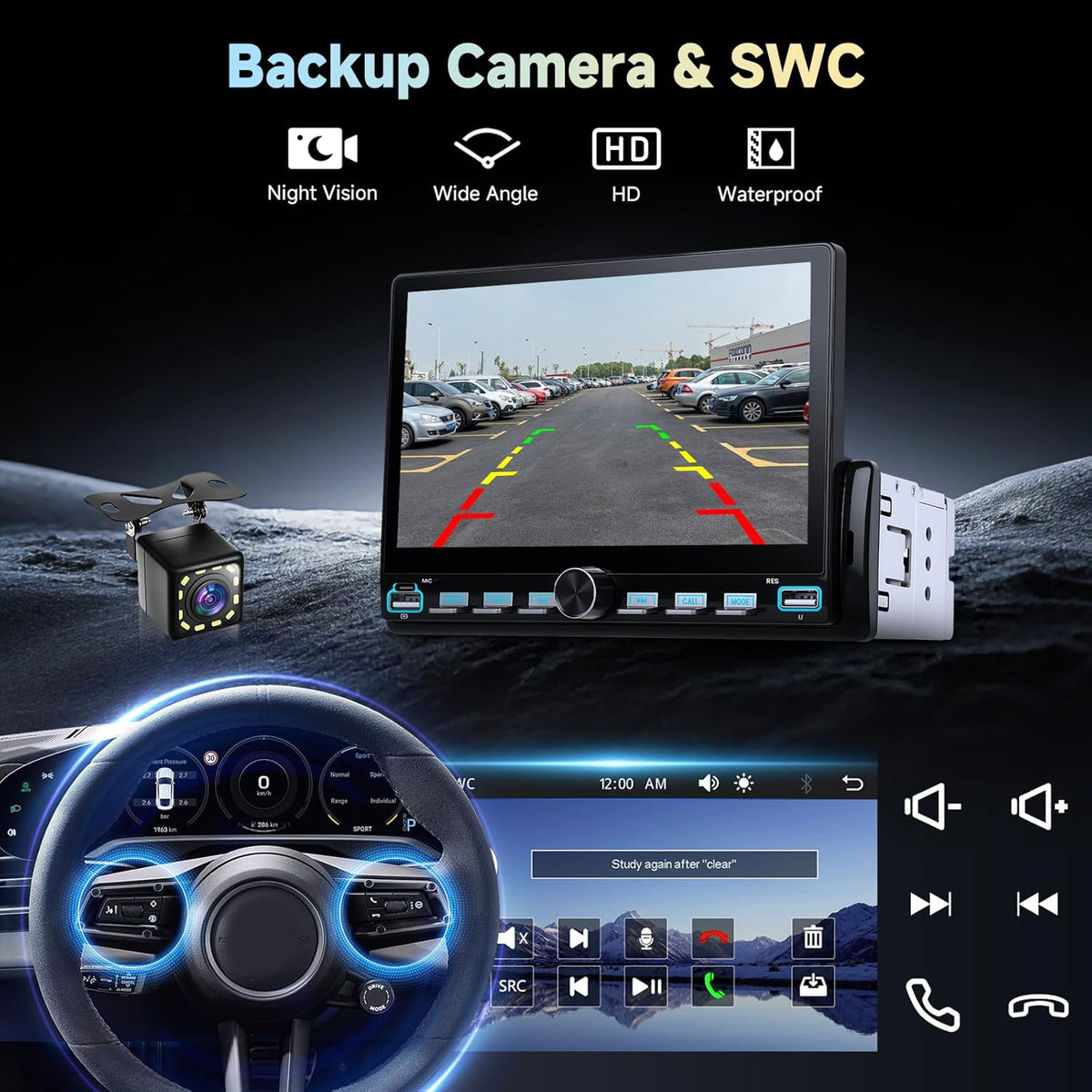 Hodozzy Autoradio 1 DIN met draadloze Carplay Android Auto, 7 inch touchscreen autoradio 1 DIN Bluetooth, spiegellink, FM Type-C/USB/AUX, MP5-online videospeler met achteruitrijcamera