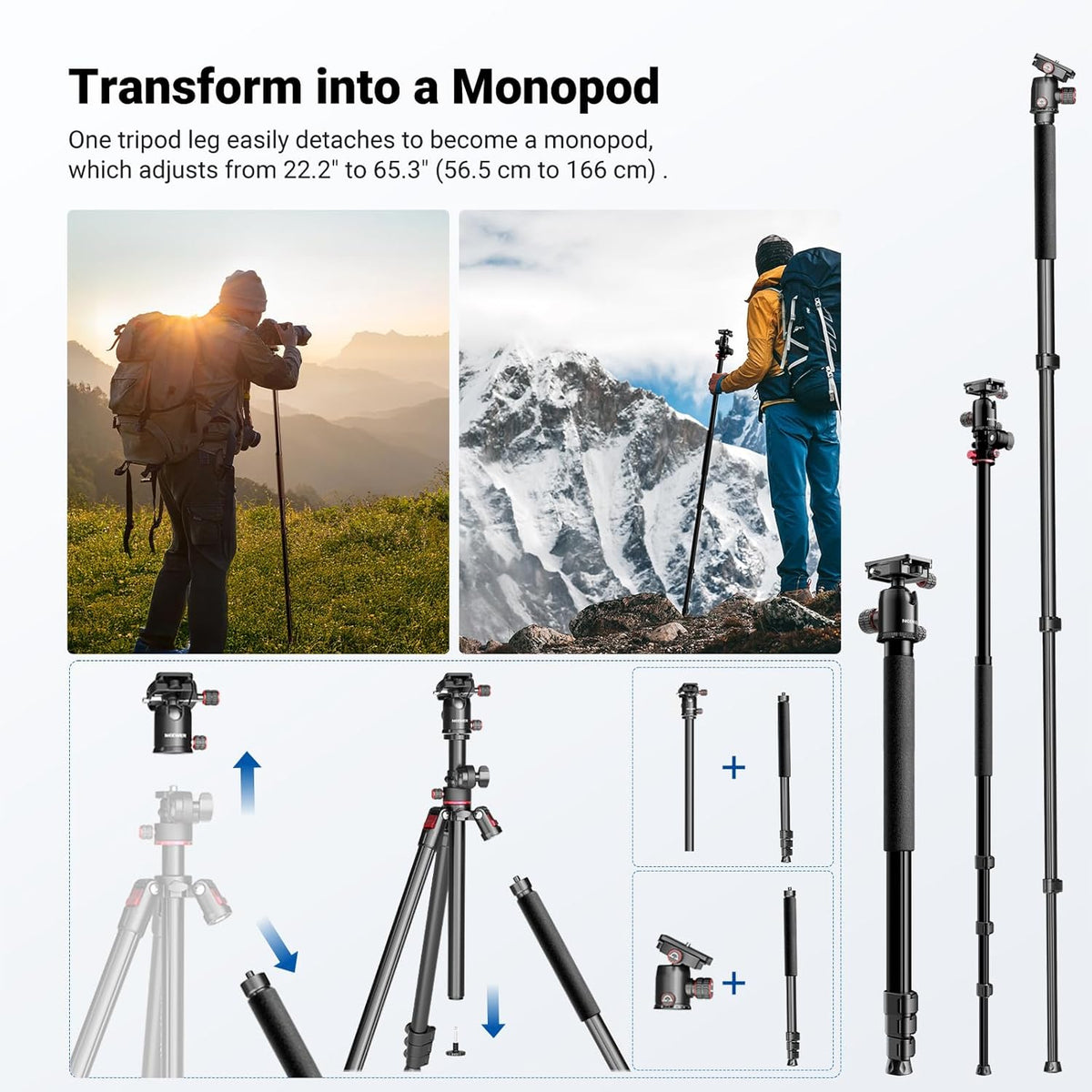 NEEWER Overhead horizontale camerastatief Monopod met kogelkop en flexibele middenkolom, 90 inch hoge metalen DSLR video-reisstandaard, Arca-type QR-plaat en omgekeerde poten, maximale belasting 15