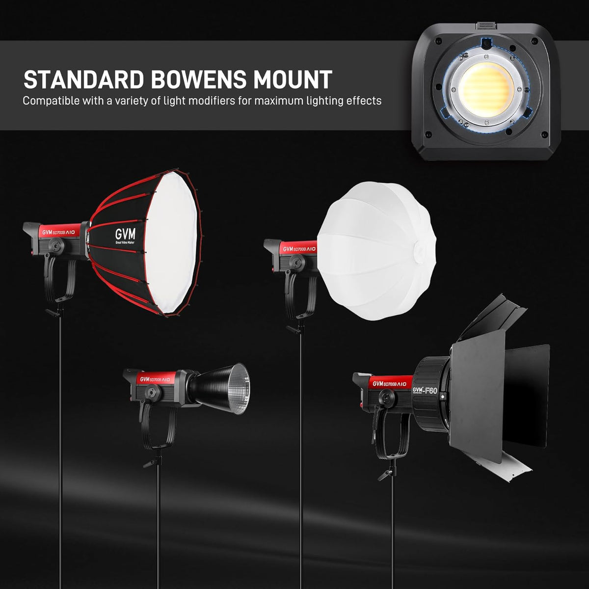 GVM SD700B 700W led-videolamp, studiolamp met Bowen-montage, 29100 lux/m fotografie-verlichtingsset met standaardafdekking, continue uitgangsstudio-verlichting voor films, uitzendingen, CRI 97+, 2700