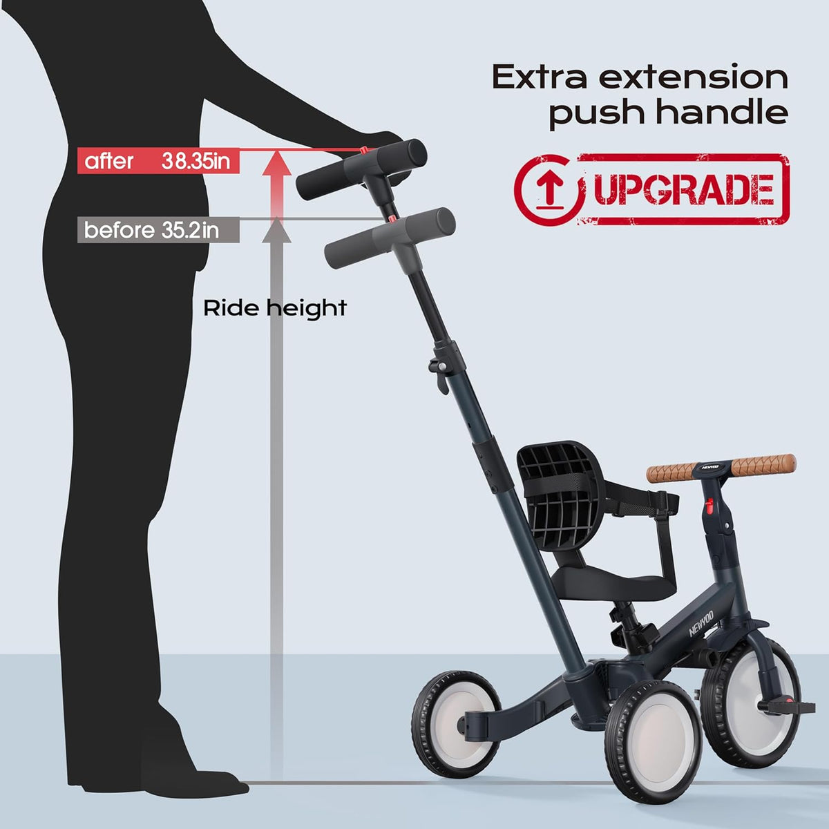 newyoo Tricycle 5 en 1, draisienne à partir de 1 an, avec barre de poussée, pour enfants à partir de 1, 2, 3 ans, avec pédales amovibles et siège réglable, Donkergrijs