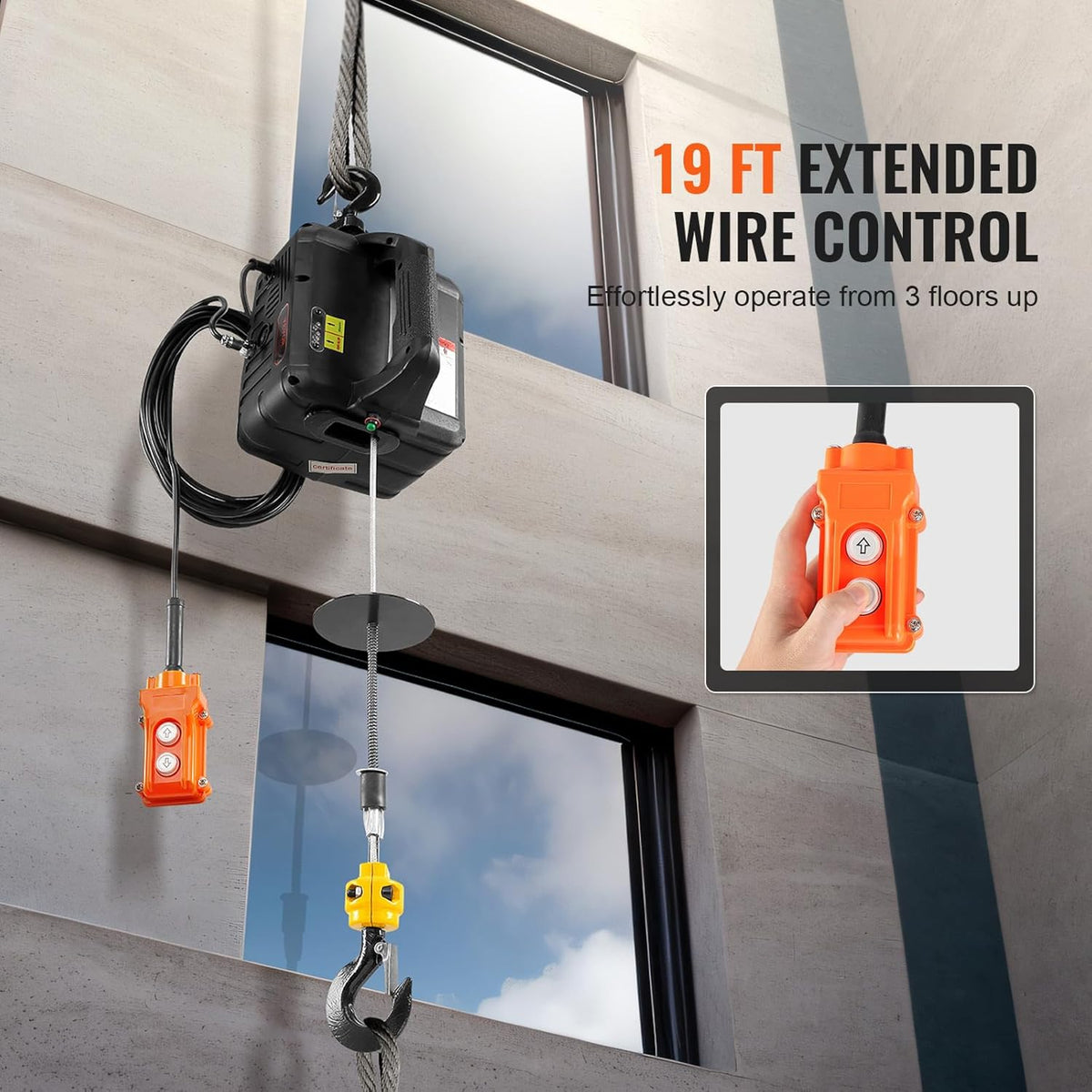 VEVOR 2-in-1 elektrische lier 498,95 kg draagvermogen kabellifter hefsnelheid ≥ 4 m/min motorlier 7 m hefhoogte kabellift 1500 W kabel 2 bedieningsmodi handmatig/kabelgebonden afstandsbediening