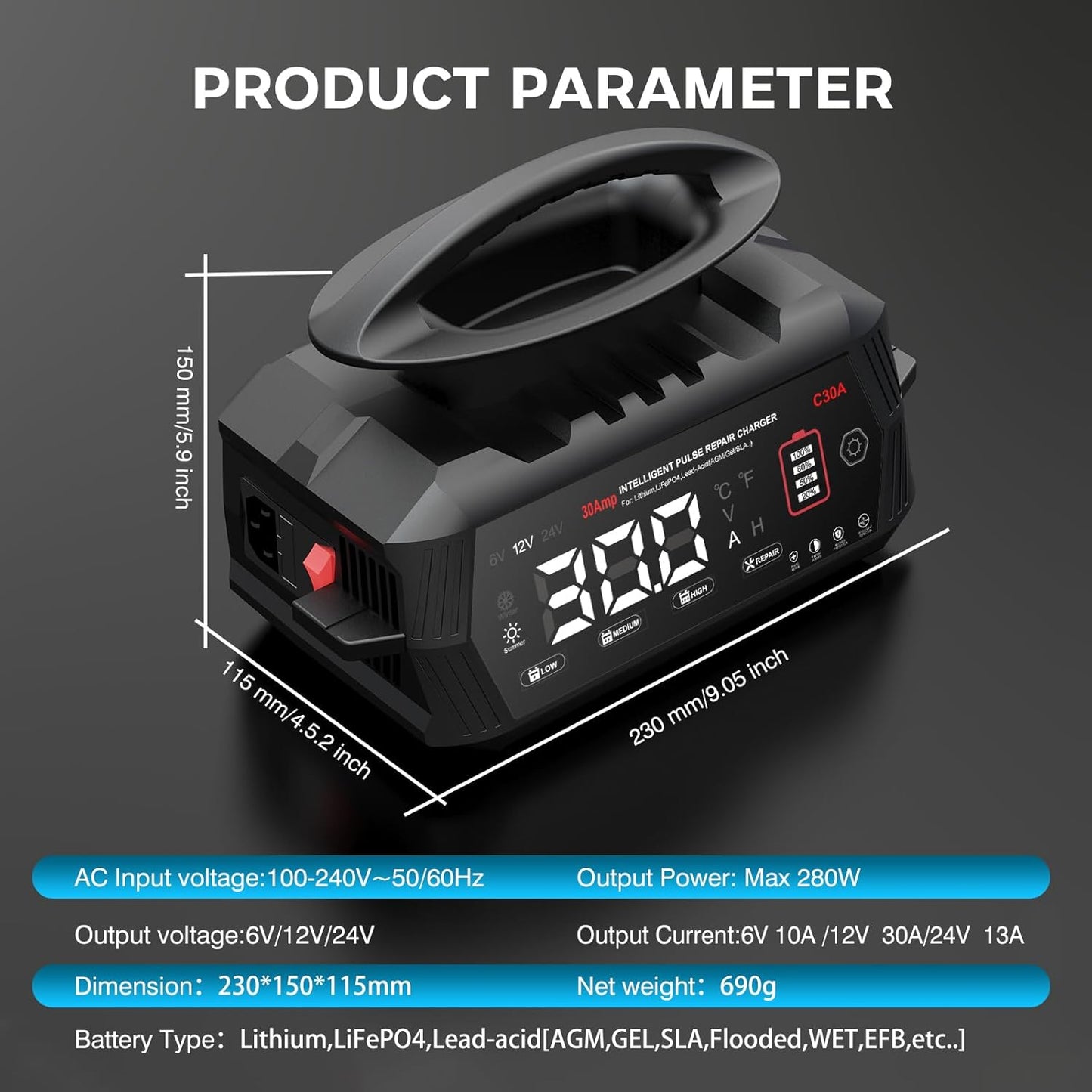 Autoaccu Oplader – Acculader – Batterijlader – Oplaadapparaat – Voertuigaccu Lader – 6V/12V/24V Compatibel – 9-Staps Automatisch Opladen met Ontzwaveling