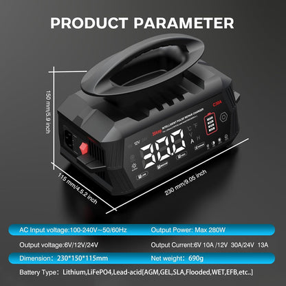 Autoaccu Oplader – Acculader – Batterijlader – Oplaadapparaat – Voertuigaccu Lader – 6V/12V/24V Compatibel – 9-Staps Automatisch Opladen met Ontzwaveling
