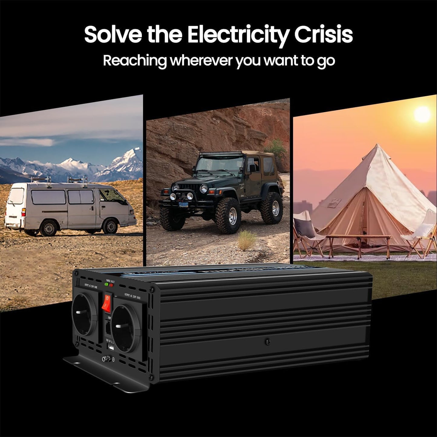 NOVOPAL 1000 W 2000 W auto omvormer spanningsomvormer -12 V 230 V zuivere sinus met 2 EU-stopcontact en USB-aansluiting, afstandsbediening, accukabel en handleiding (mogelijk niet beschikbaar in het