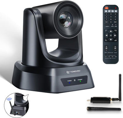 TONGVEO Draadloze conferentieruimte-webcam, 20 x USB 1080p 60 fps PTZ-camera voor live streaming in kerken, erediensten, online conferenties, compatibel met zoom, OBS